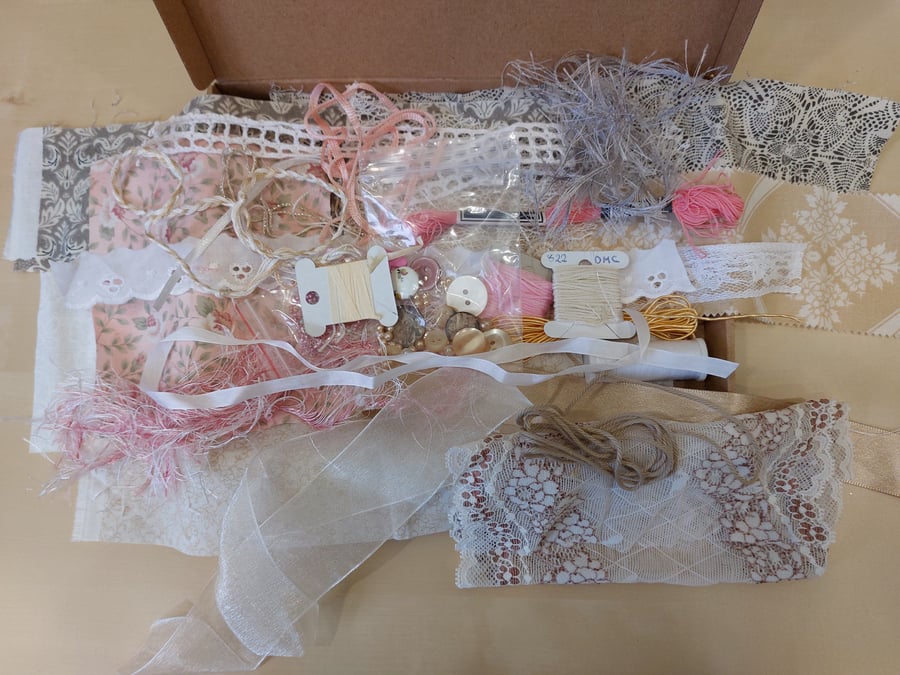 Textile Collage Kit Fabric, Threads, Ribbons, Lace, Buttons, Beads Neutral Pink