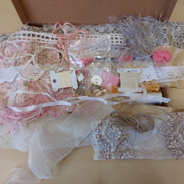 Textile Collage Kit Fabric, Threads, Ribbons, Lace, Buttons, Beads Neutral Pink