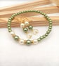 Olive Green & Buttermilk Pearl Jewellery Set, Gold Heart Earrings & Bracelet