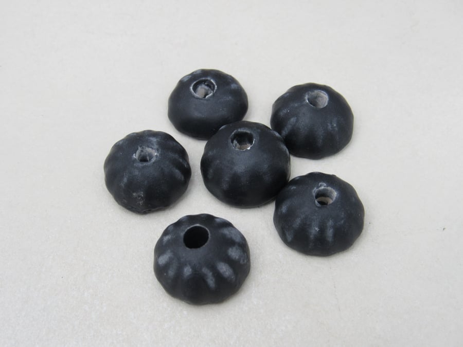 6 Small Coal Black Half-round Ceramic Flower Beads