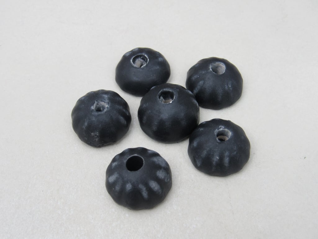 6 Small Coal Black Half-round Ceramic Flower Beads