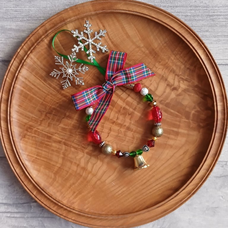 Beaded Ring Christmas Tree Decoration - Traditional Colours with Bell