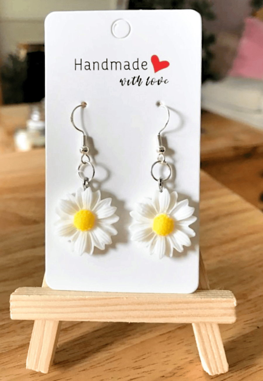 Cute Daisy Earrings White & Yellow, 925 Silver Hooks, Flower Jewellery