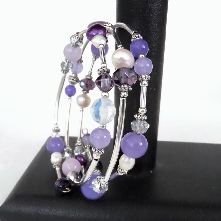 Ametrine, pearl, crystal and purple gemstone memory wire bracelet