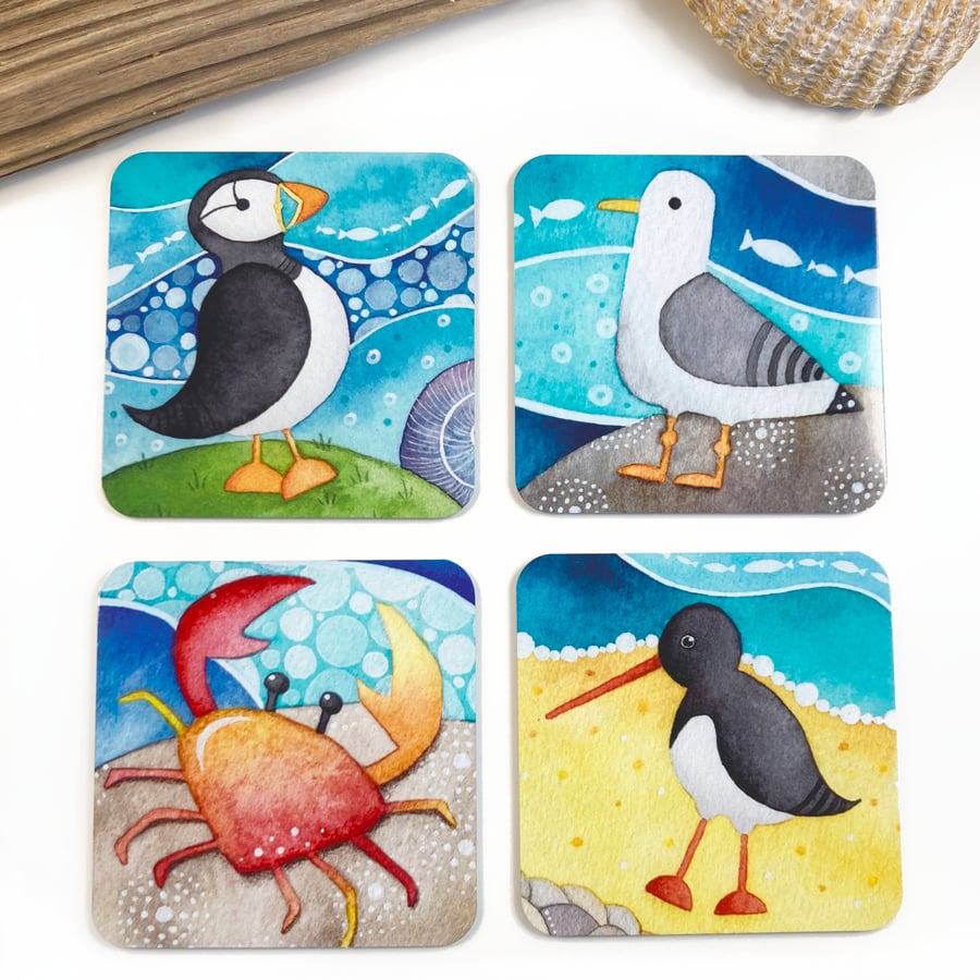 Fridge Magnets (Set of 4) - Cute Animal Art. Puffin Seagull Oystercatcher Crab