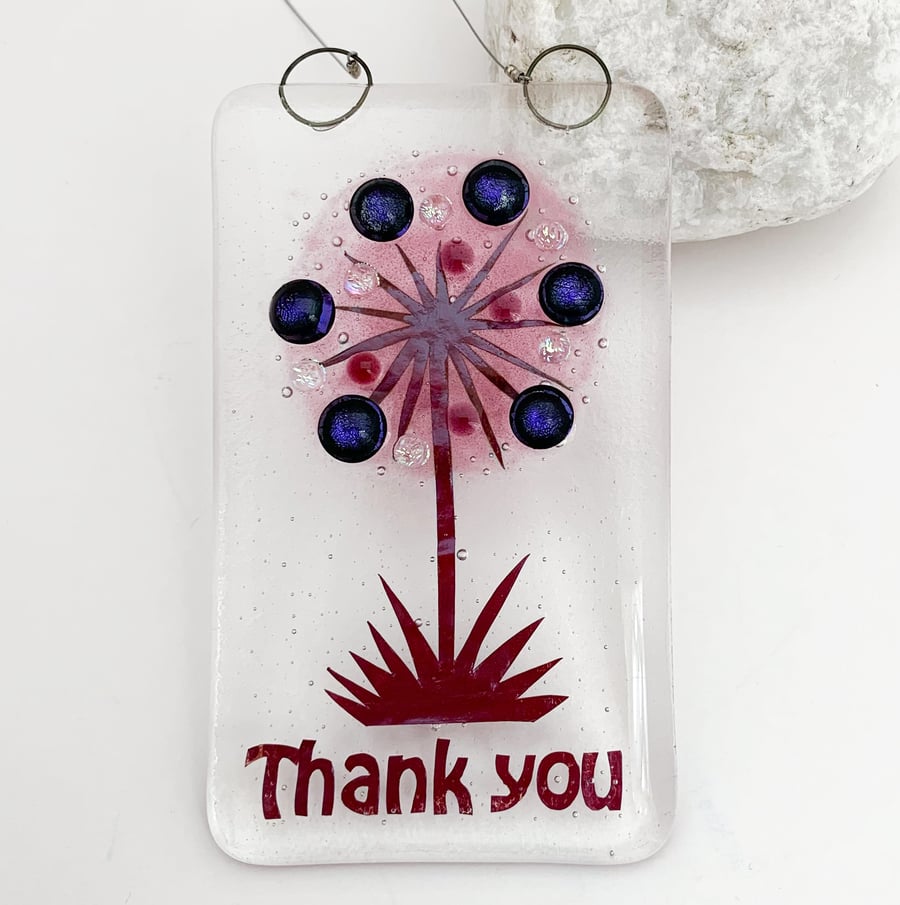 Fused Glass "Thank You" Purple Allium Hanging - Handmade Glass Suncatcher