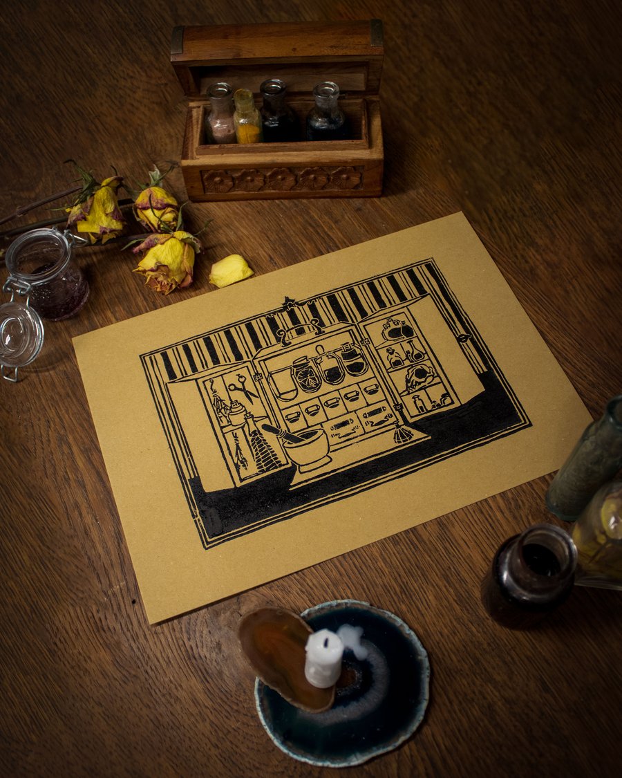 Portable Apothecary A4 Lino print