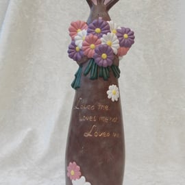 Ceramic Hand Painted Brown Bunny Rabbit Daisy Flowers Animal Figurine Ornament.