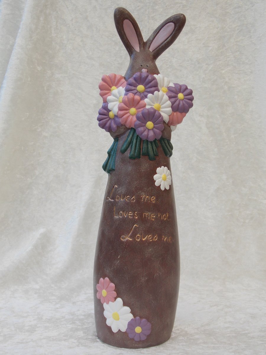 Ceramic Hand Painted Brown Bunny Rabbit Daisy Flowers Animal Figurine Ornament.