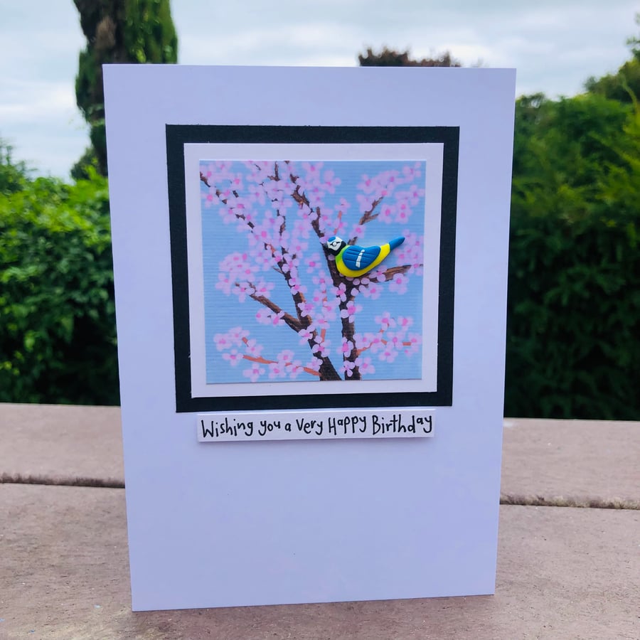 Blue Tit on Blossom Wishing you a very Happy Birthday Card