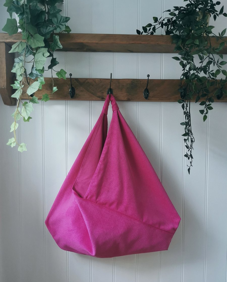 Bright Pink Cotton Corduroy Slouchy Origami Bag with Matching Pink Lining