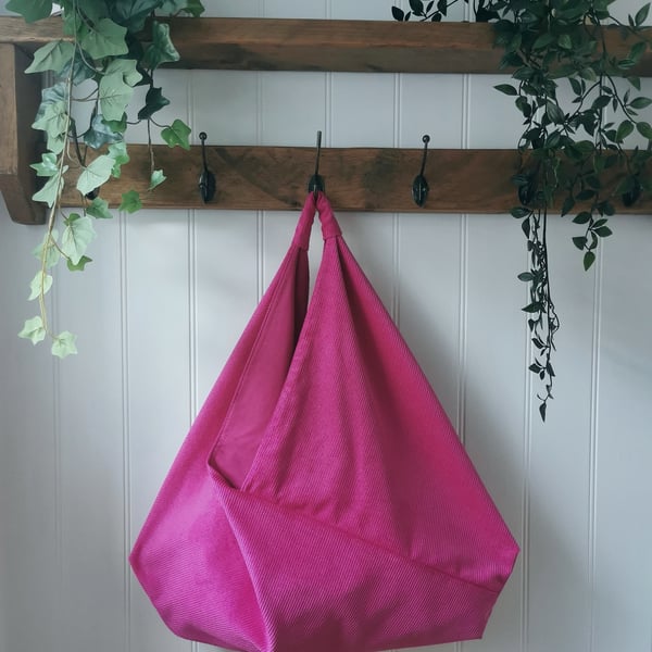 Bright Pink Cotton Corduroy Slouchy Origami Bag with Matching Pink Lining