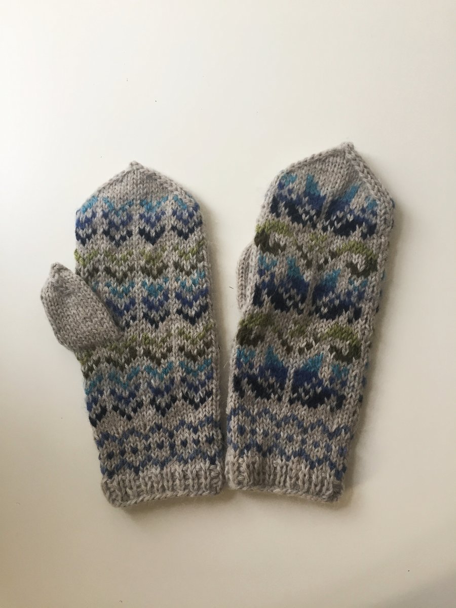 READY TO SHIP Hand Knitted Grey Wool Mittens Blue Green Traditional Fairisle