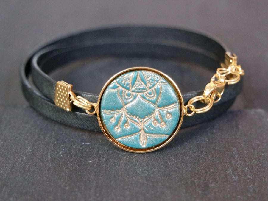 Leather bracelet - mandala black turquoise bronze