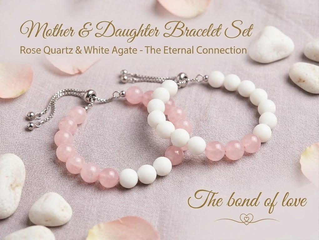 Mother and Daughter Gemstone Bracelet Set – Rose Quartz & White Agate Adjustable