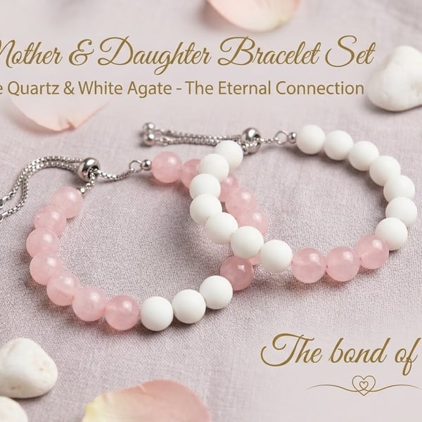 Mother and Daughter Gemstone Bracelet Set – Rose Quartz & White Agate Adjustable