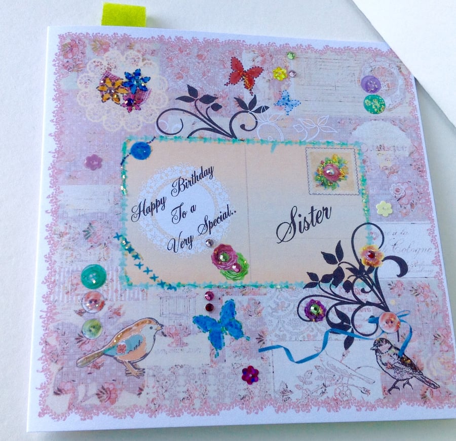 Birthday Card,Sister,Printed Patchwork Design,Can Be Personalised,Handmade