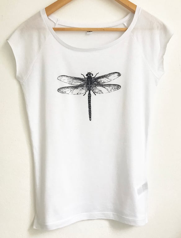  Dragonfly womens white T shirt white bamboo and organic cotton blue black print