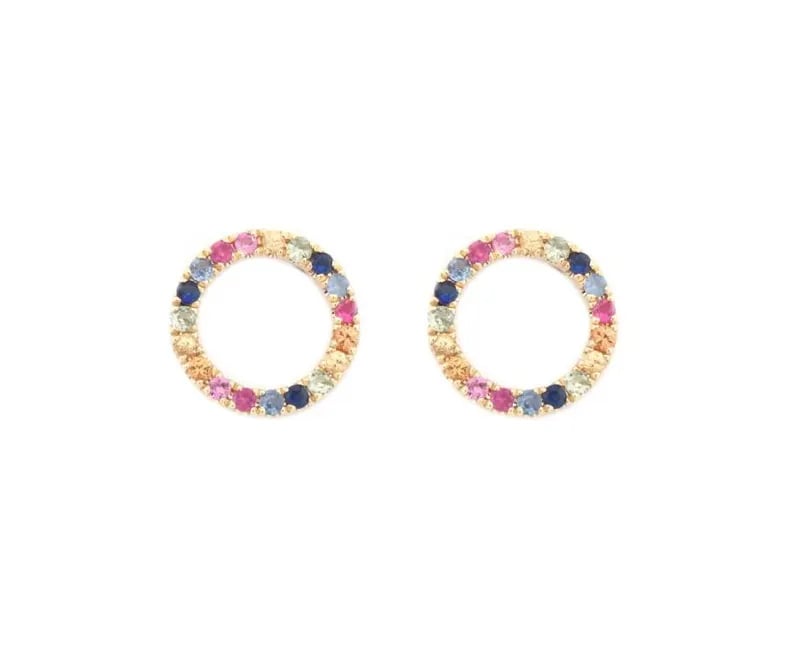 9ct Gold Rainbow Sapphire Circle Stud Earrings 