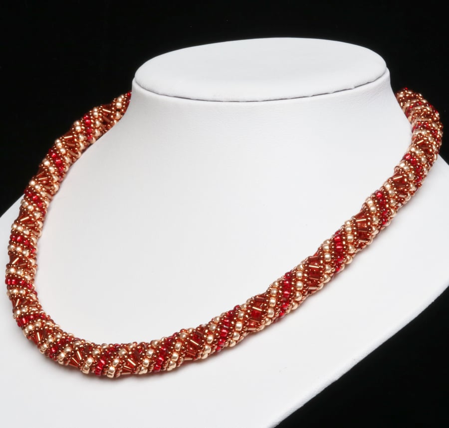 Russian Spiral Necklace in Red, Dark Amber and Gold