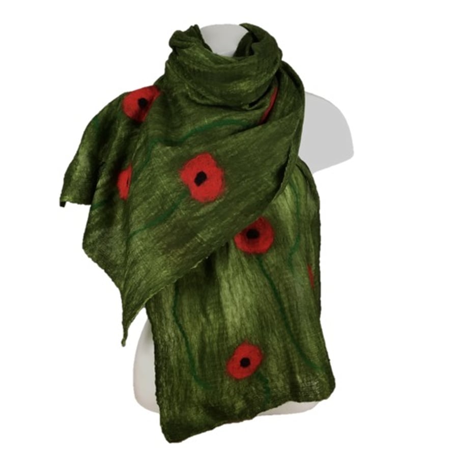 Nuno felted long merino wool on silk scarf green with poppy decoration, gift box
