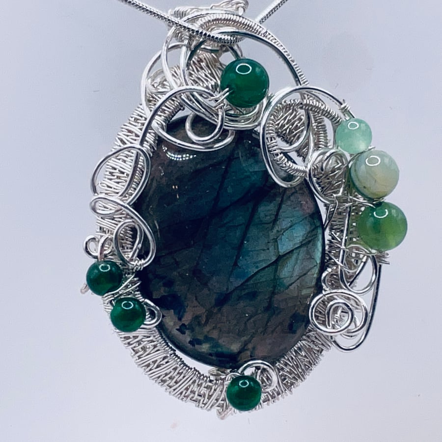 Stunning cabochon silver wire wrapped green yellow labradorite pendant
