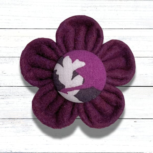 Deep Plum Purple Felt Kanzashi Brooch with Fabric Button Centre 