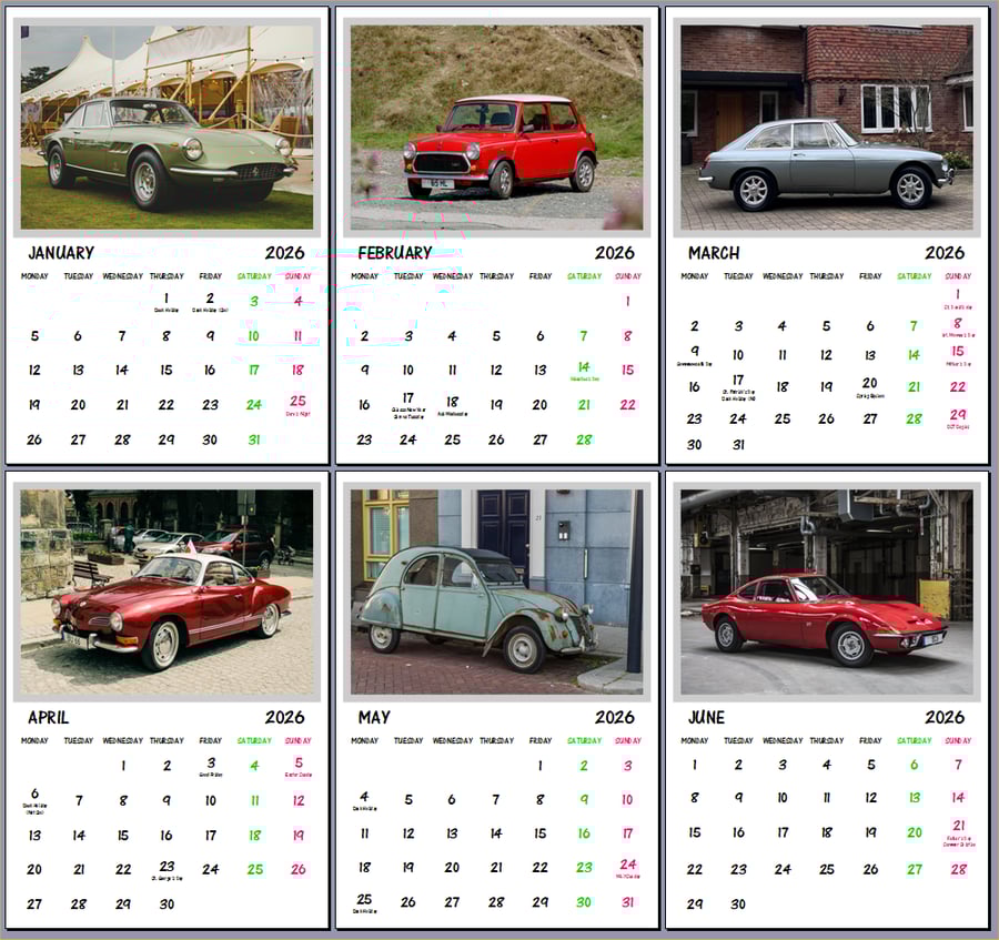 2026 A4 Calendar Classic Cars Themed  