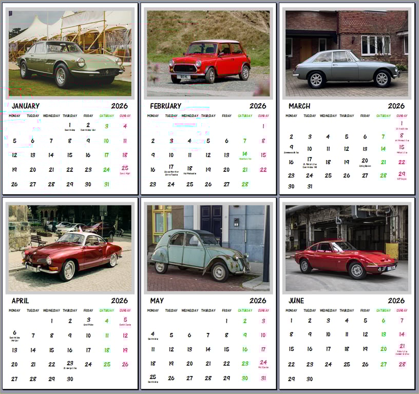 2026 A4 Calendar Classic Cars Themed  