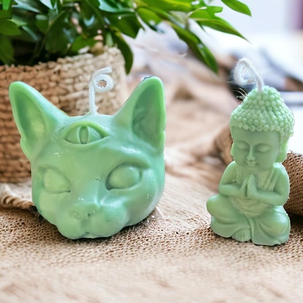 Soy Wax scented green tea bundle of buddha and third eye cat candles 