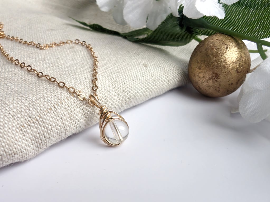 CLEAR QUARTZ Necklace Minimalist 14K Gold Filled Dainty Pendant April Birthstone