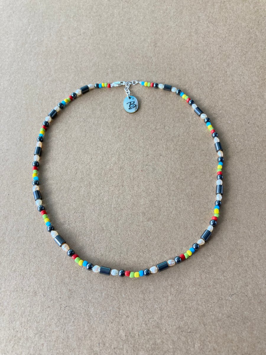 Upcycled Hematite Semi Precious Stone - Fresh Water Pearl Beads Necklace