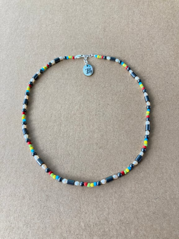 Upcycled Hematite Semi Precious Stone - Fresh Water Pearl Beads Necklace