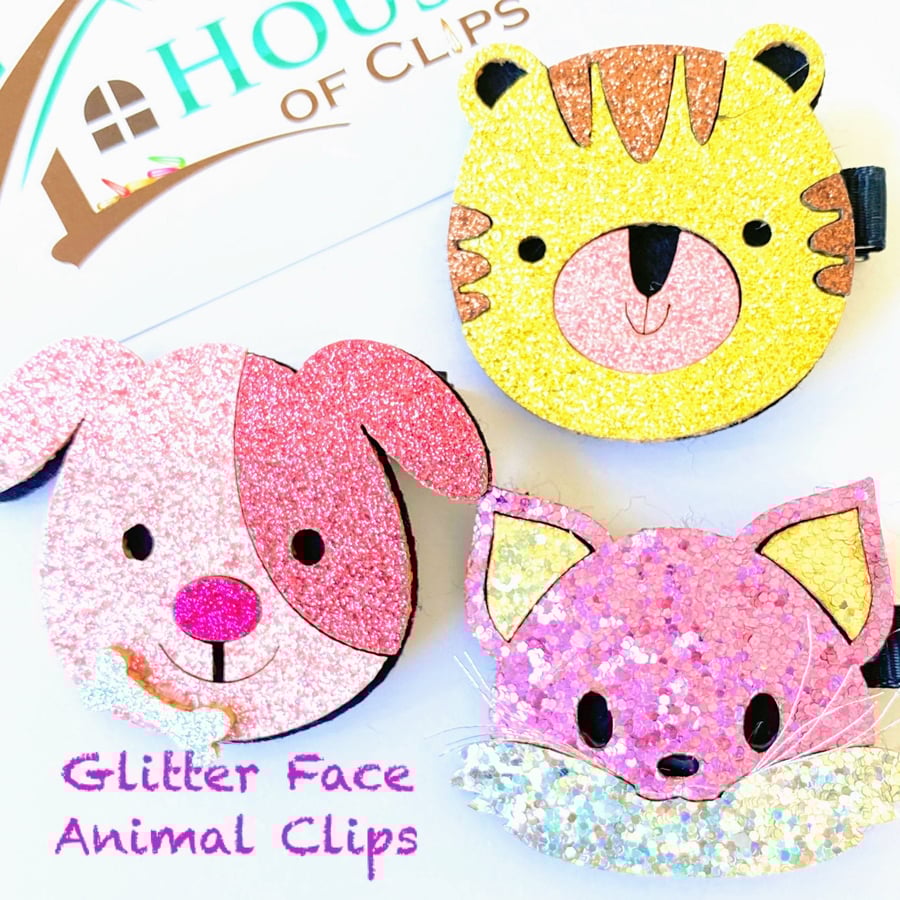 Glitter Face Animal Hair Clips - Sparkle Hair Clips - Dig Hair Clips - Cat Hair 