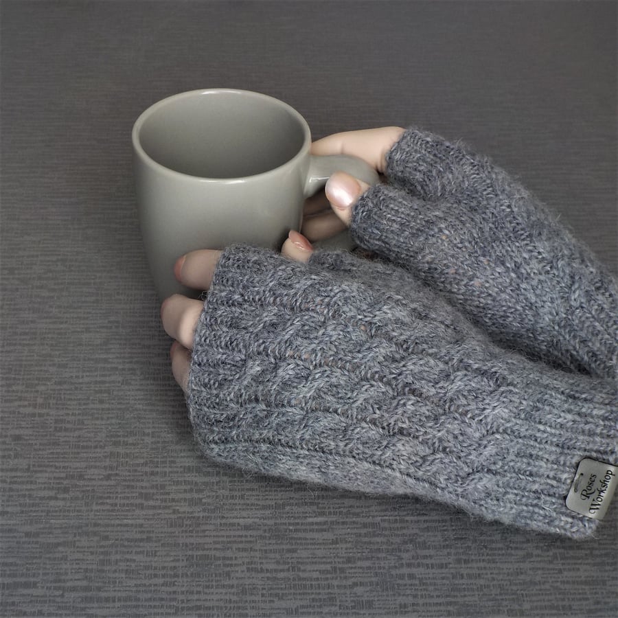 British wool fingerless gloves light grey knitted Masham wool narrow cable
