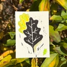 ACEO Original Lino Print Mixed Media Oak Leaf Miniature Artwork 2 of 4