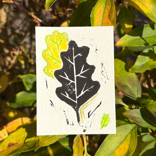 ACEO Original Lino Print Mixed Media Oak Leaf Miniature Artwork 2 of 4
