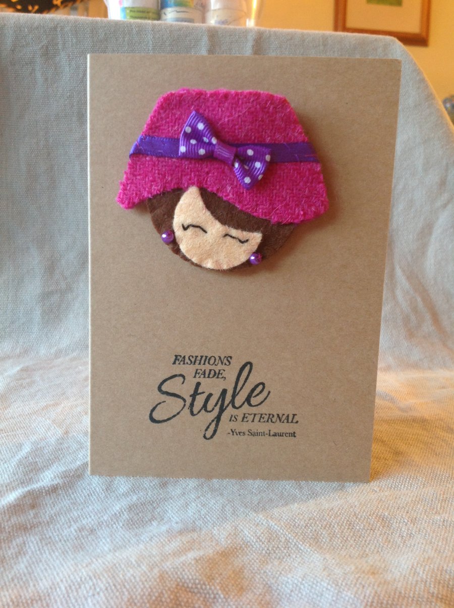 A6 kraft card with a hand made brooch in Harris tweed and felt with ha