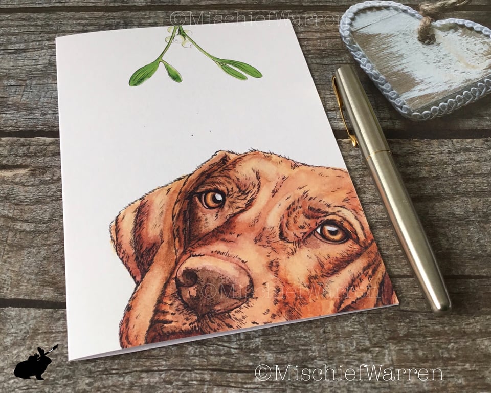 Vizsla Christmas Card. Hungarian Vizsla dog Christmas card.