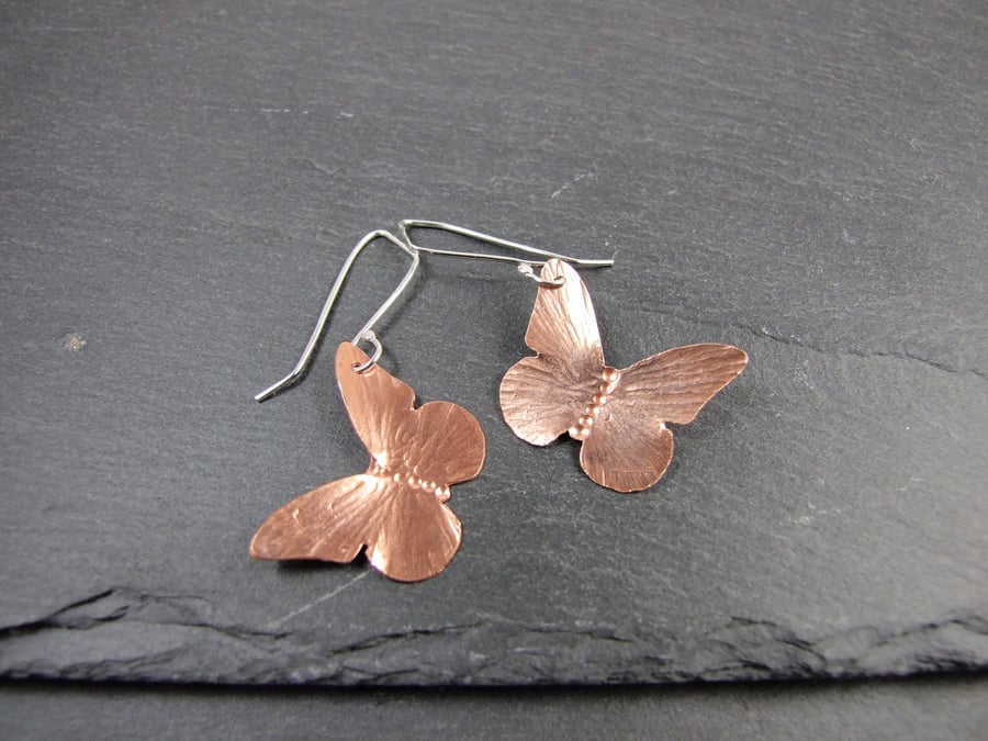 Earrings, Copper Butterflies with Long Sterling Silver Earwires 