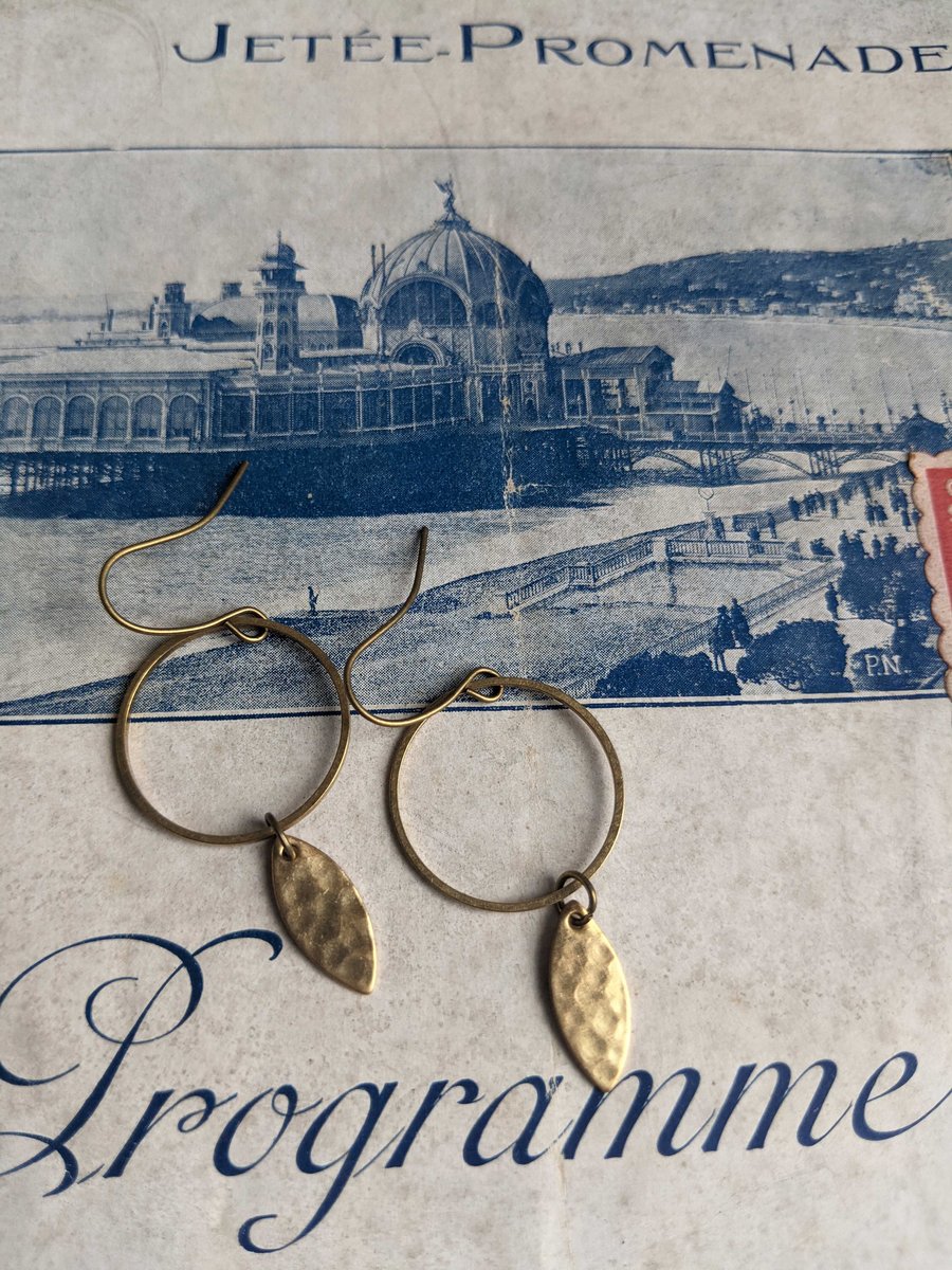 Golden Petals earrings - hoops with little brass leaves - spring jewellery