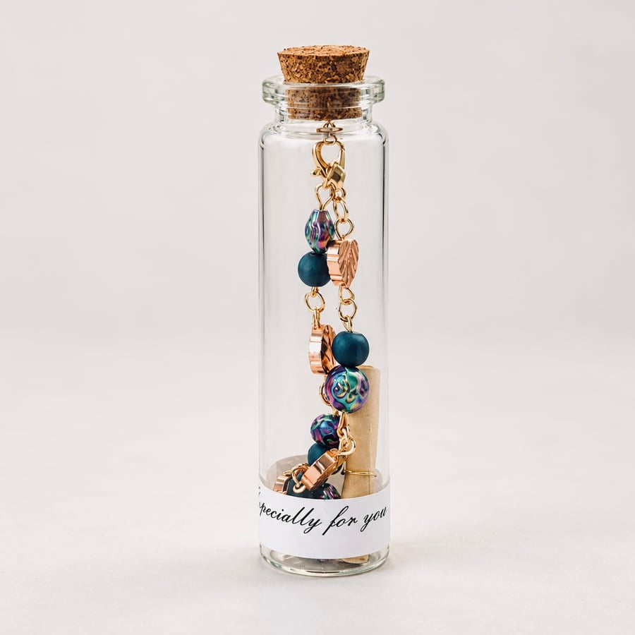 Rose Gold Leaf and Rainbow Roses Bracelet in a bottle