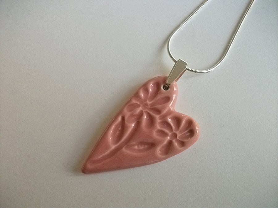SALE -   Pink heart ceramic pendant  necklace - Sterling silver