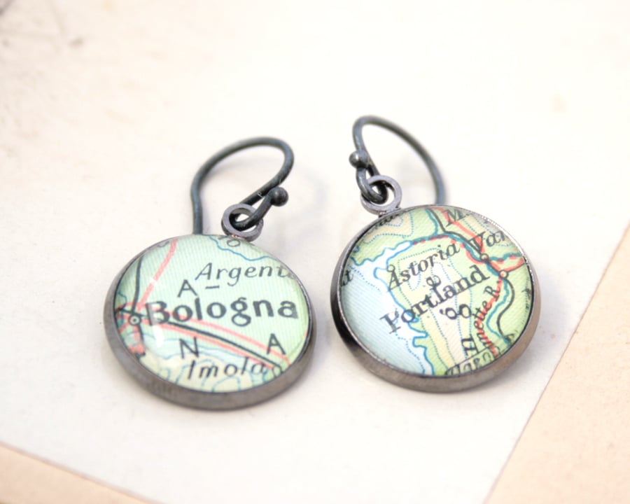 Gunmetal Black Earrings with map Custom Jewellery Personalized with your place
