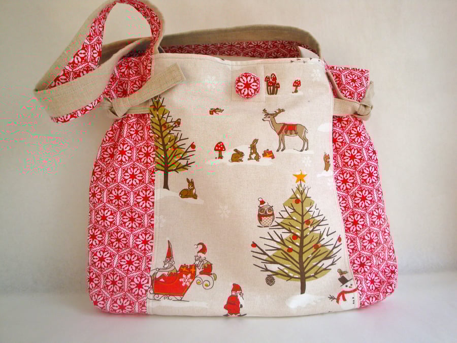Cotton Christmas Tote - Shoulder bag - side ties .