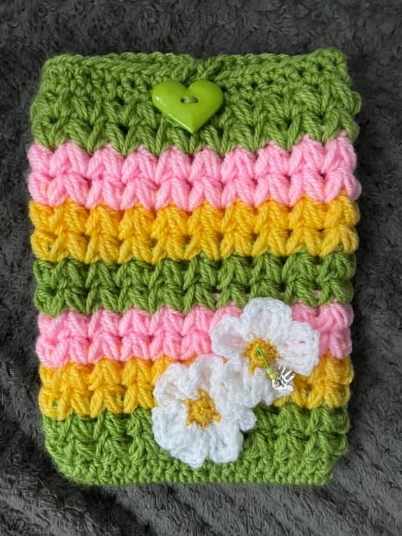Handmade Crochet Book Sleeve – Green Pink & Yellow Floral Book Cover