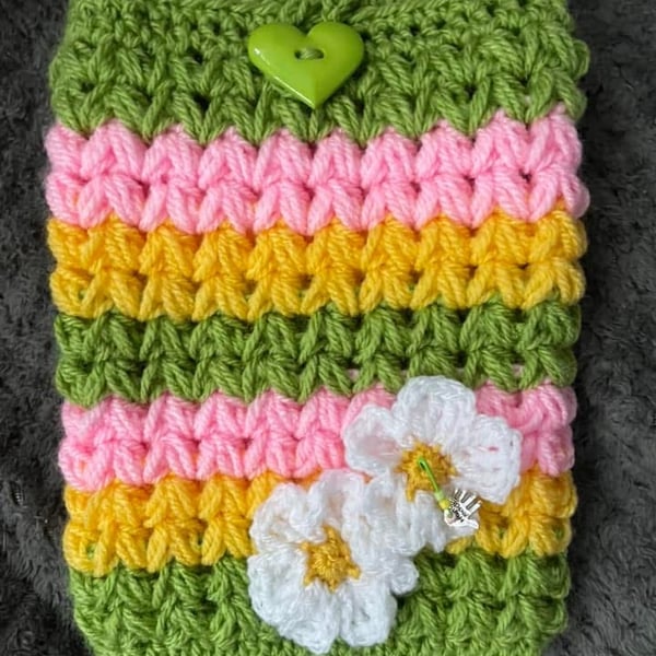 Handmade Crochet Book Sleeve – Green Pink & Yellow Floral Book Cover