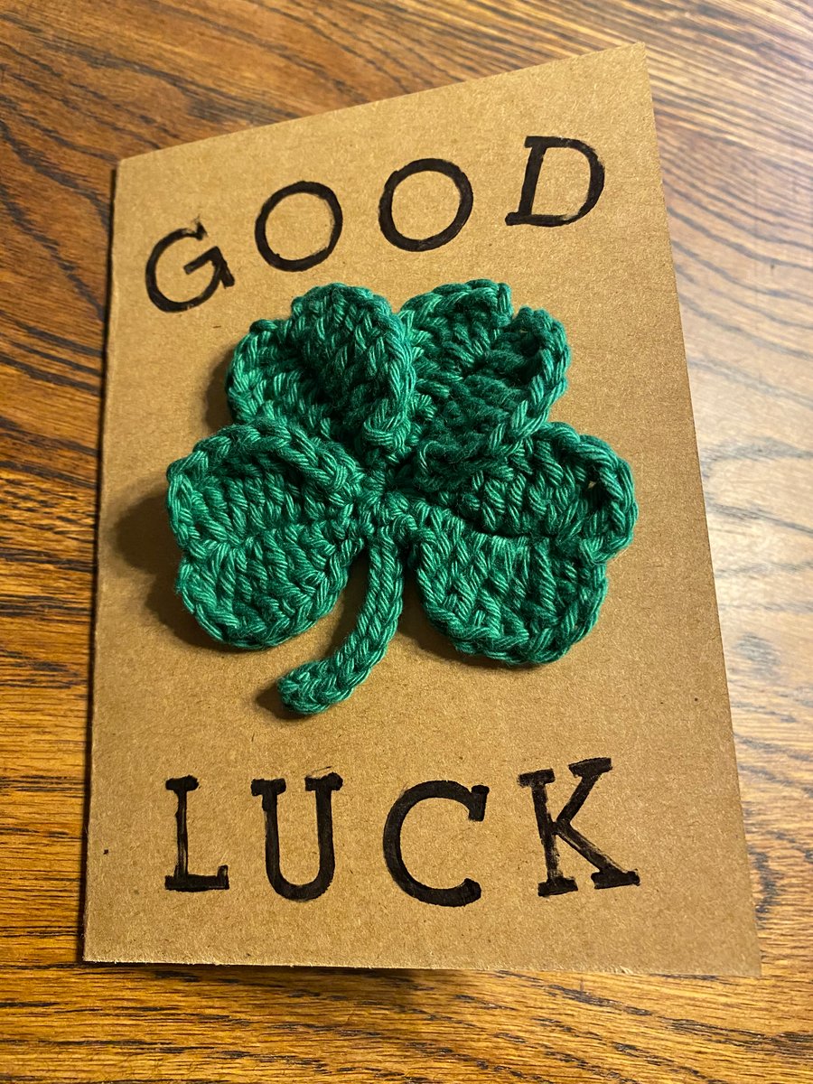 Handmade crochet 4 leaf clover A6 “Good Luck” greeting card