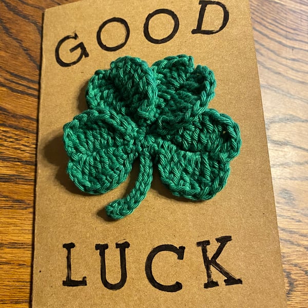Handmade crochet 4 leaf clover A6 “Good Luck” greeting card