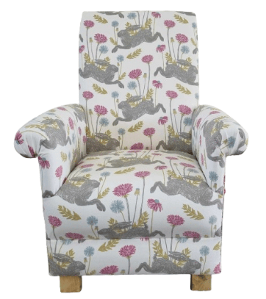 Pink March Hares Fabric Adult Armchair Animals Chair Nursery Dandelion Small New